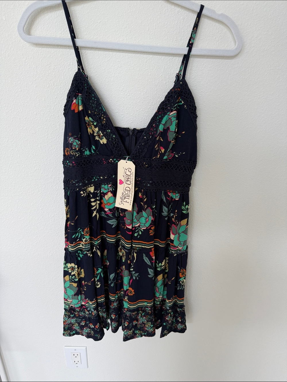 Field Day Black Floral Crochet-Trim Spaghetti-Strap Mini Dress